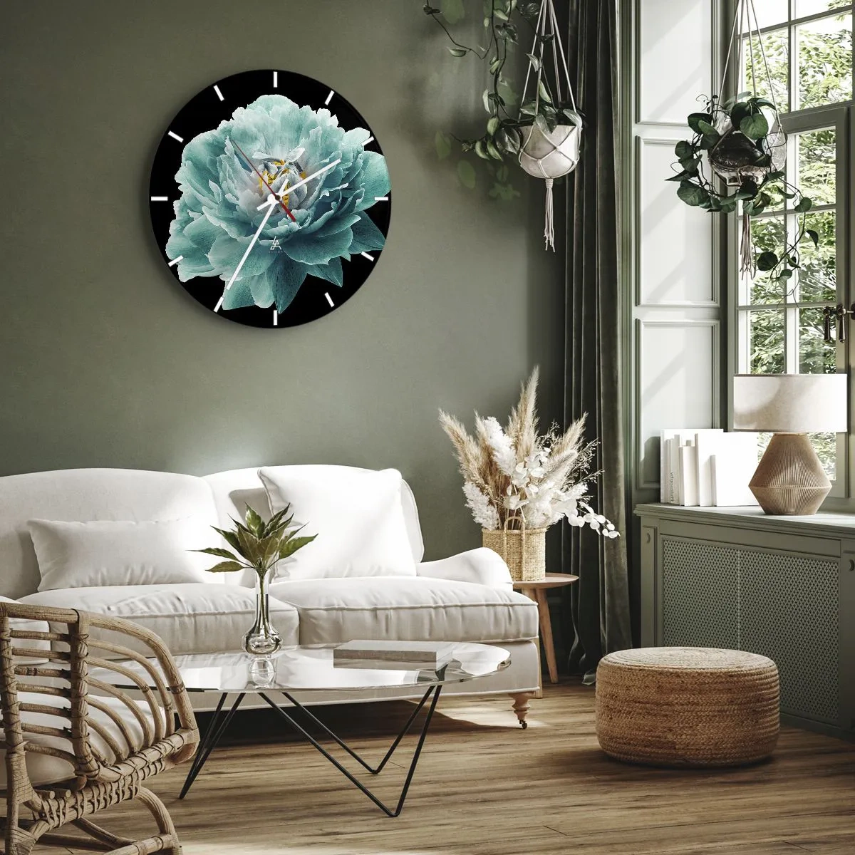 Zegar ścienny - Turkusowy kwiat piwonii na czarnym tle - 30x30cm - Płatki błękitne i złote - Nowoczesna dekoracja ścienna do salonu, kuchni i sypialni ARTTOR