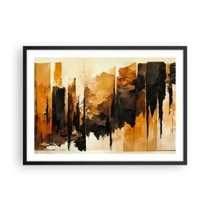 Plakat w czarnej ramie - Abstrakcyjne złote i czarne pasy w artystycznej kompozycji - 70x50cm - Harmonia czerni i złota - Nowoczesna dekoracja ścienna do salonu i sypialni ARTTOR