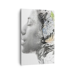 Obraz na płótnie - Profil kobiety w artystycznym kolażu natury i czerni - 80x120cm - Zanurzona w naturze - Nowoczesna dekoracja ścienna do salonu i sypialni ARTTOR