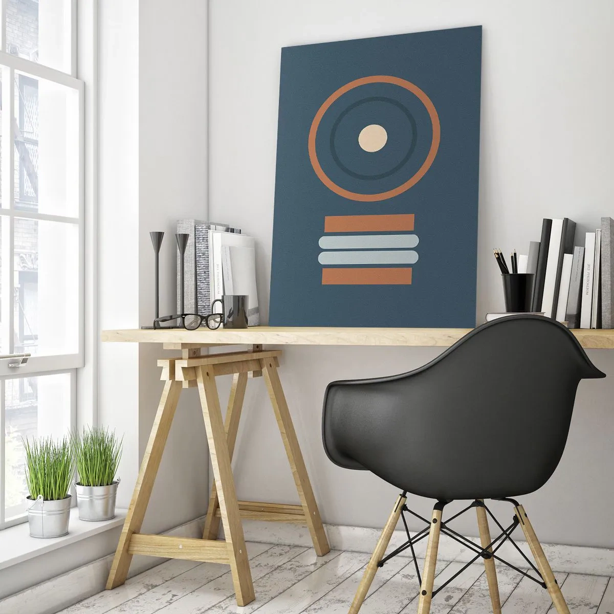 Obraz na szkle - Abstract geometric shapes in muted colors, featuring circles and lines - 50x70cm - Istota rzeczy - Nowoczesna dekoracja ścienna do salonu, kuchni i sypialni ARTTOR