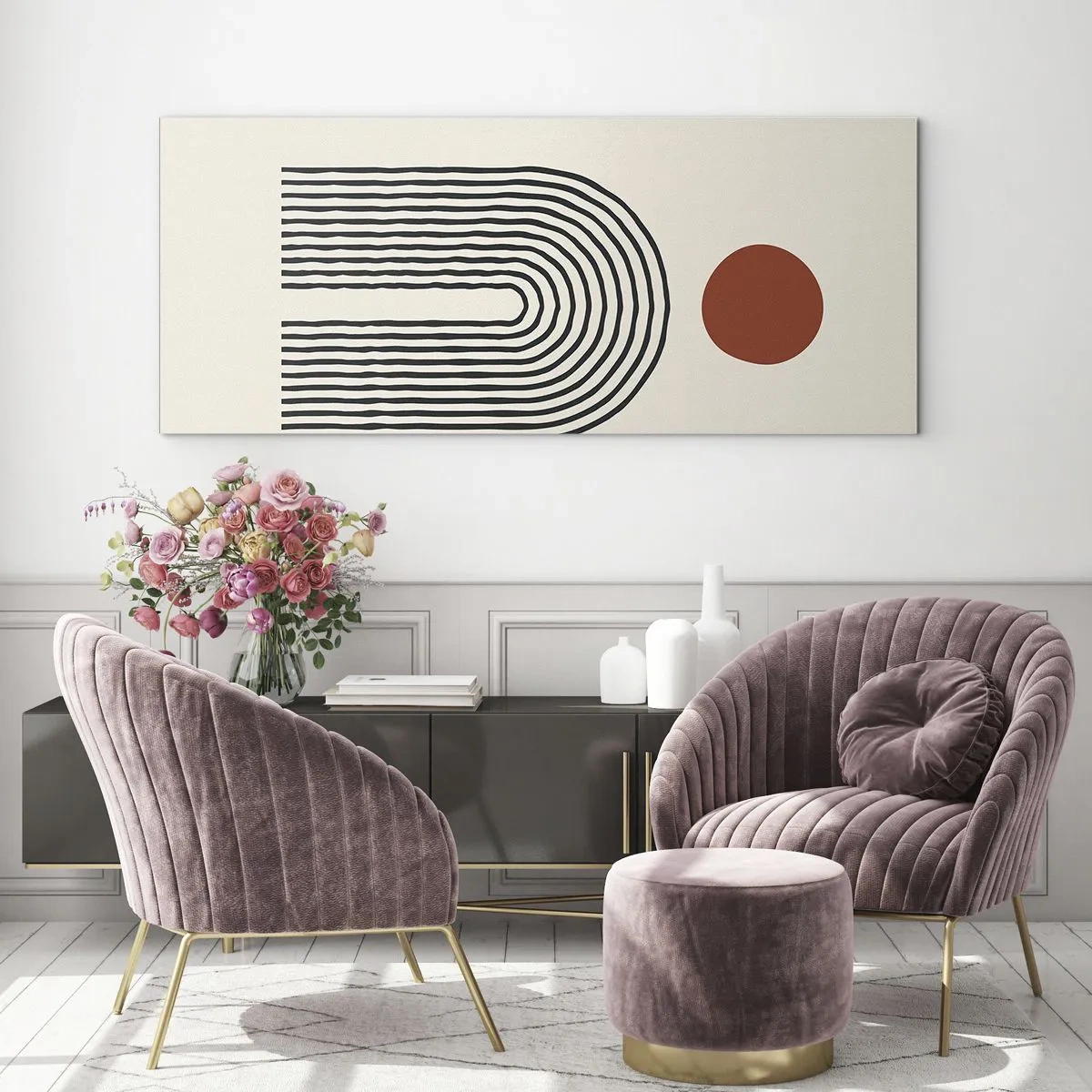 Obraz na szkle - Nowoczesny abstrakcyjny wzór z liniami i czerwonym okręgiem - 120x50cm - Magnetyzm kształtów i barw - Nowoczesna dekoracja ścienna do salonu i sypialni ARTTOR