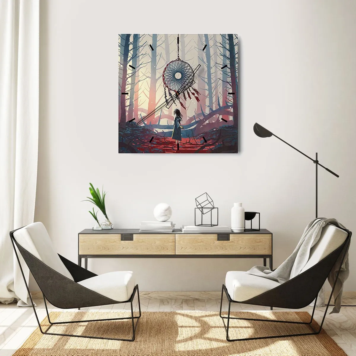 Zegar ścienny - Leśna scena z wielkim łapaczem snów - 30x30cm - Tajemny rytuał szczęścia - Nowoczesna dekoracja ścienna do salonu i sypialni ARTTOR