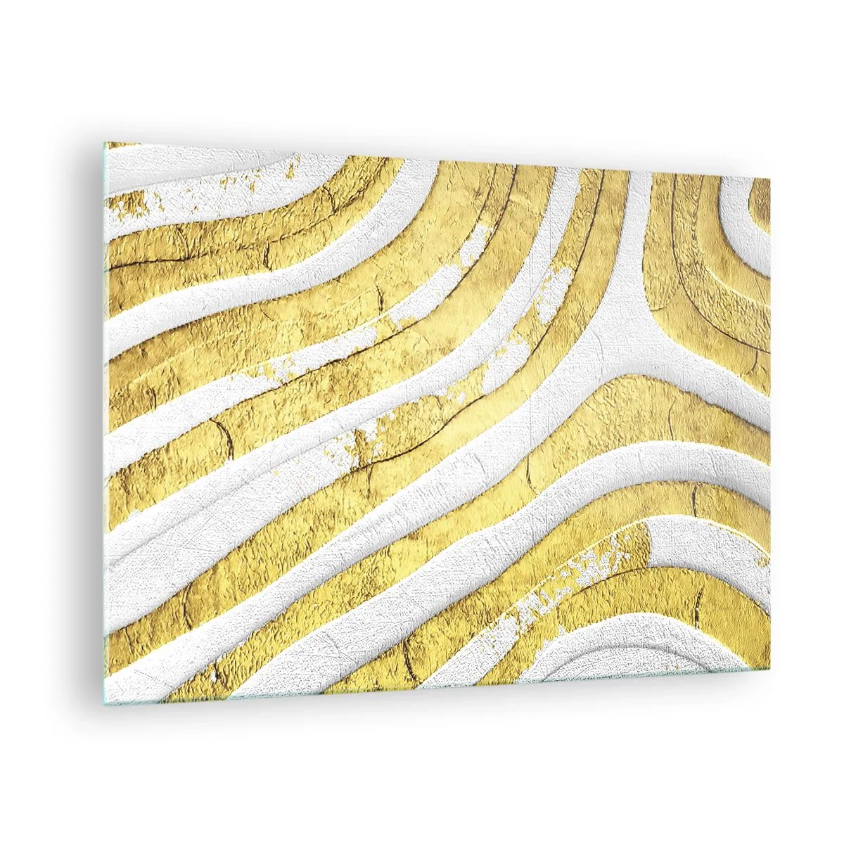 Obraz na szkle - Abstrakcyjne złote i białe fale o teksturalnym efekcie - 70x50cm - Kompozycja w bieli i złocie - Nowoczesna dekoracja ścienna do salonu i sypialni ARTTOR