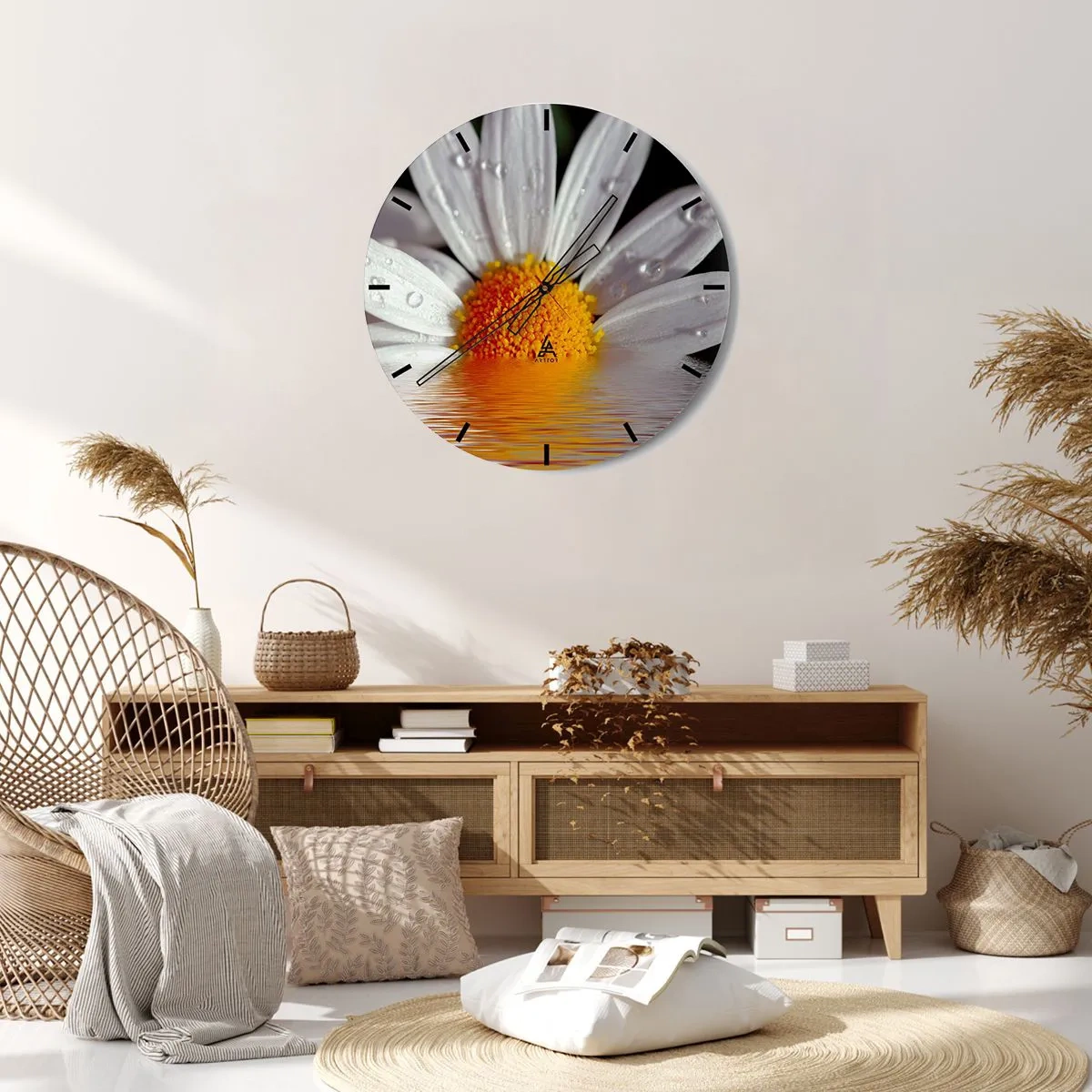 Zegar ścienny - Makro stokrotki z kroplami wody na płatkach - 30x30cm - Wschodzące słońce margaretki - Nowoczesna dekoracja ścienna do salonu, kuchni i sypialni ARTTOR