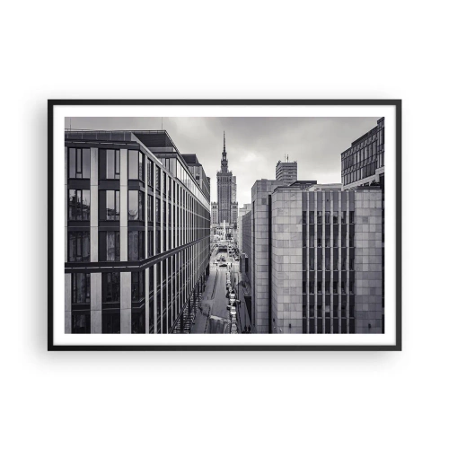 Plakat w czarnej ramie - Panorama Warszawy z widokiem na Pałac Kultury i otaczające budynki - 100x70cm - Warszawska dolina - Nowoczesna dekoracja ścienna do salonu i sypialni ARTTOR