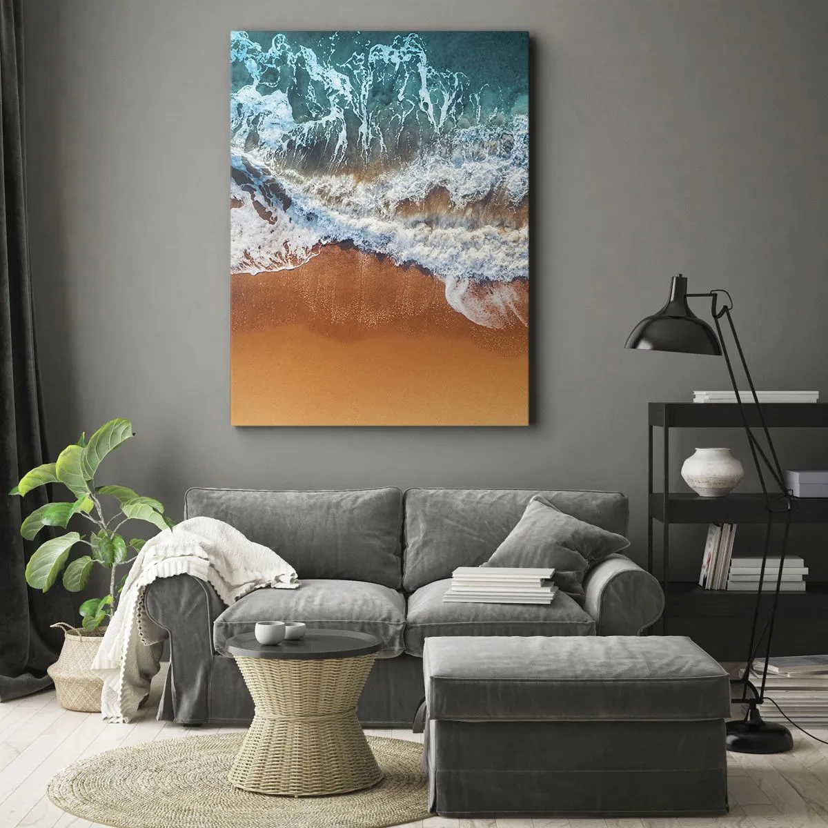 Obraz na płótnie - Widok z lotu ptaka na fale oceanu rozbijające się o brzeg - 80x120cm - Zawsze w parze - Nowoczesna dekoracja ścienna do salonu i sypialni ARTTOR