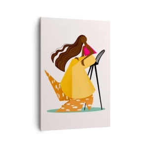 Obraz na płótnie - Stylizowana postać kobiety w kolorowej sukni siedząca na krześle - 70x100cm - Moda to też zabawa - Nowoczesna dekoracja ścienna do salonu i sypialni ARTTOR