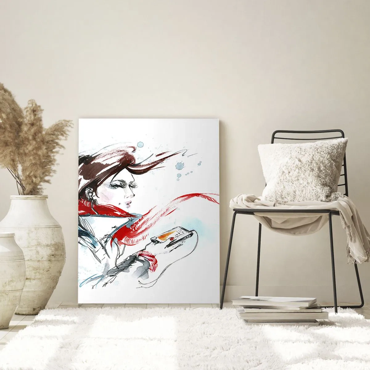 Obraz na szkle - Kobieta w czerwonym szaliku z dynamicznymi pociągnięciami akwareli - 80x120cm - Coś we mnie gra - Nowoczesna dekoracja ścienna do salonu i sypialni ARTTOR