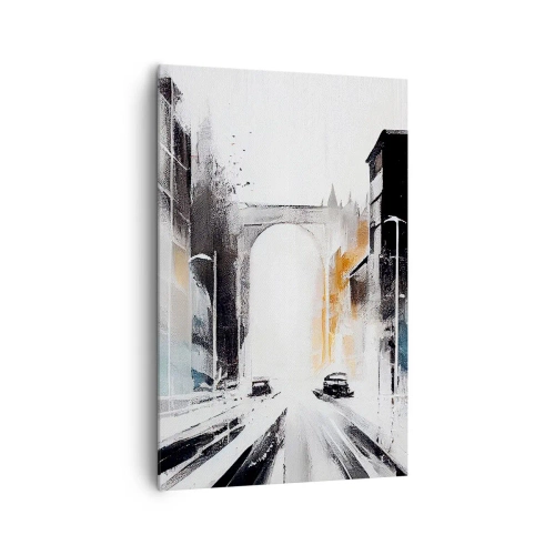Obraz na płótnie - Abstrakcyjna panorama miasta z łukowym mostem - 80x120cm - Studium miasta: architektura i ruch - Nowoczesna dekoracja ścienna do salonu i sypialni ARTTOR