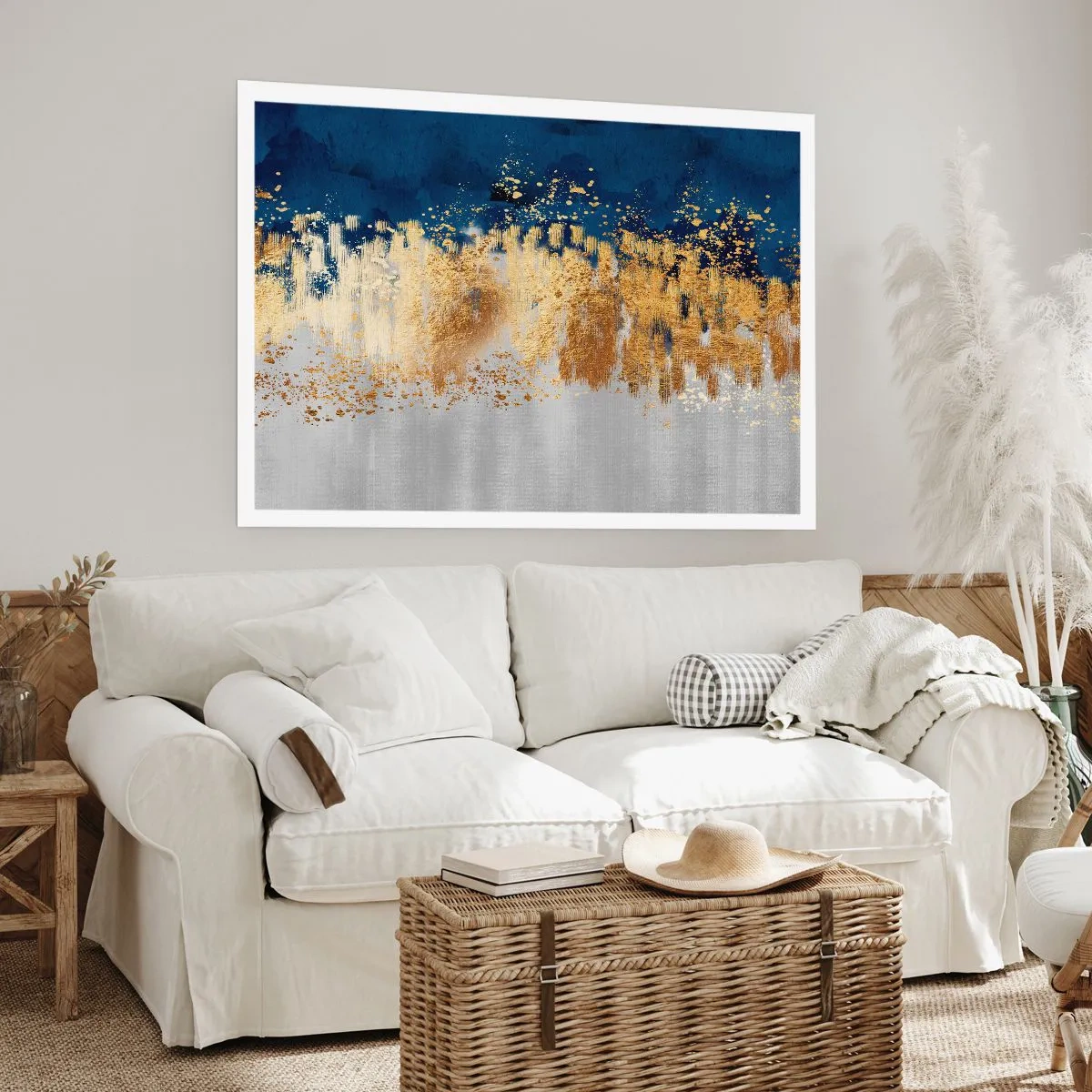 Plakat - Abstrakcyjna kompozycja w odcieniach złota i granatu - 100x70cm - Nowoczesna kompozycja z błyskiem - Nowoczesna dekoracja ścienna do salonu i sypialni ARTTOR
