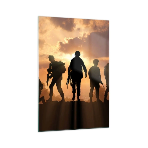 Obraz na szkle - Żołnierze na tle zachodzącego słońca w dynamicznej scenerii - 70x100cm - Brothers in arms - Nowoczesna dekoracja ścienna do salonu i sypialni ARTTOR