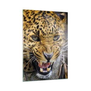 Obraz na szkle - Zbliżenie agresywnego lamparta z wyraźnymi detalami - 50x70cm - Nie podchodź, ostrzegam! - Nowoczesna dekoracja ścienna do salonu, kuchni i sypialni ARTTOR