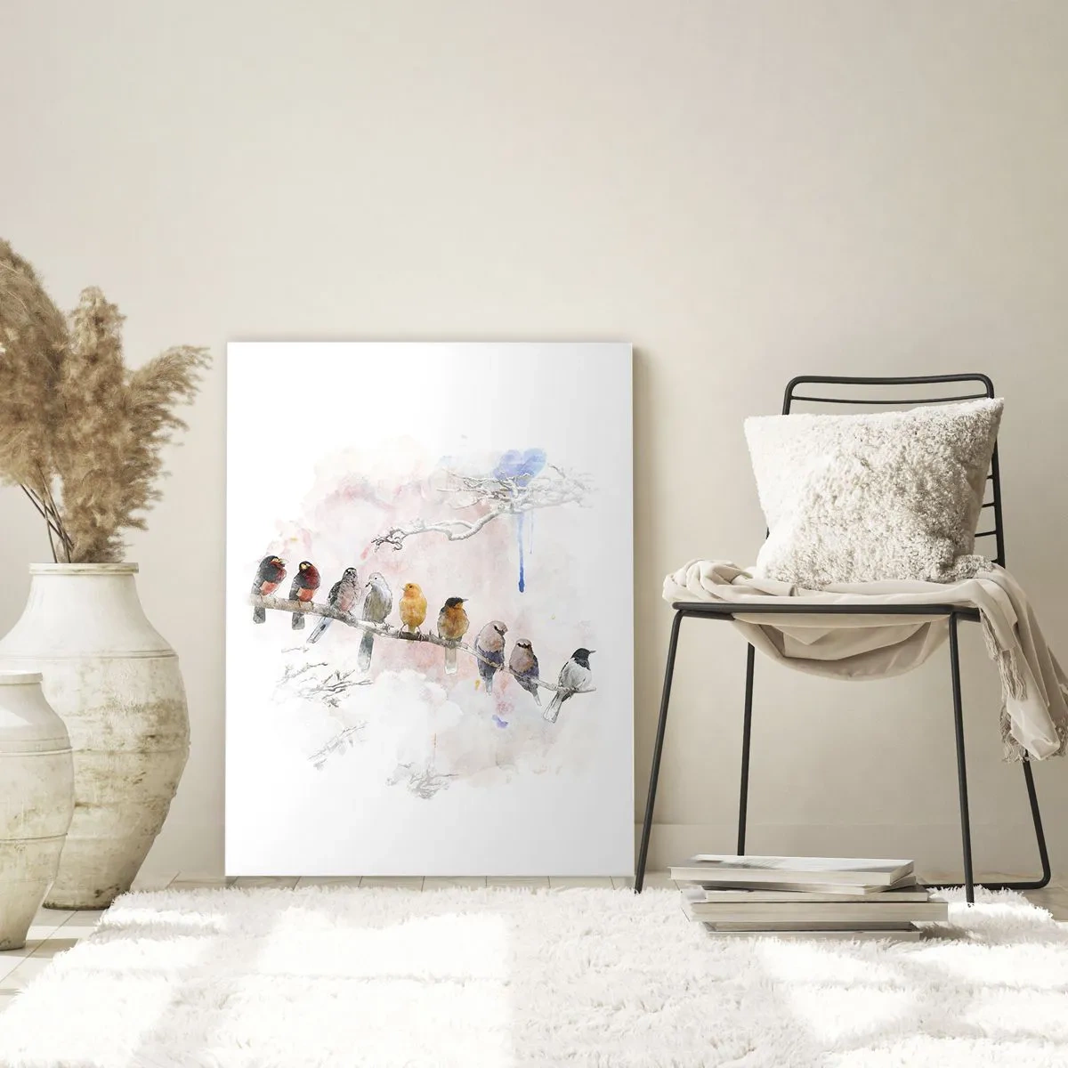 Obraz na szkle - Kolorowe ptaki na gałęzi w akwarelowym stylu - 80x120cm - Skrzydlate spotkanie - Nowoczesna dekoracja ścienna do salonu i sypialni ARTTOR