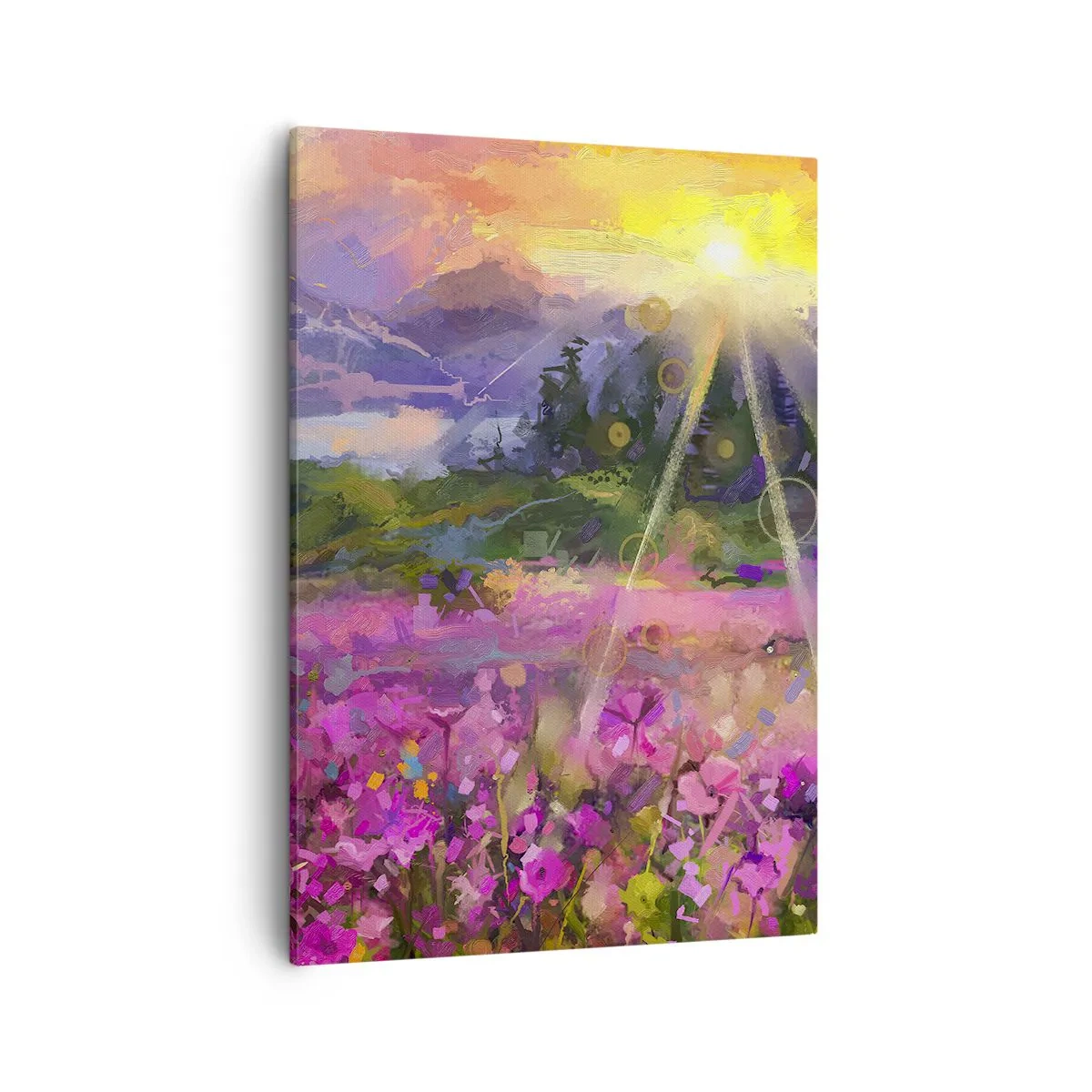Obraz na płótnie - Malownicza dolina w promieniach słońca z fioletowymi kwiatami - 50x70cm - W dolinie pod opieką słońca - Nowoczesna dekoracja ścienna do salonu, kuchni i sypialni ARTTOR
