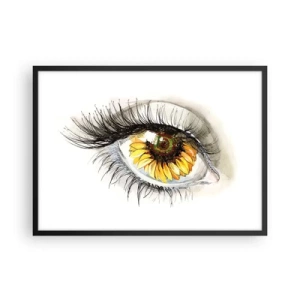 Plakat w czarnej ramie - Artystyczne oko z tęczówką w kształcie słonecznika - 70x50cm - Spojrzenie gorące jak lato - Nowoczesna dekoracja ścienna do salonu i sypialni ARTTOR