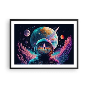Plakat w czarnej ramie - Astronauta w kosmosie z kolorowym pejzażem planetarnym - 70x50cm - Filozofom się nie śniło - Nowoczesna dekoracja ścienna do salonu i sypialni ARTTOR