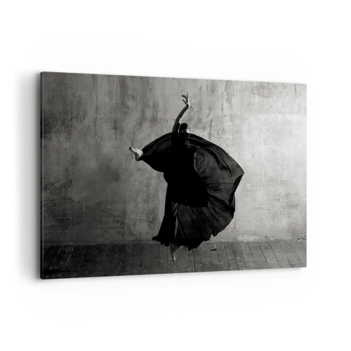 Obraz na płótnie - Czarno-biała sylwetka tancerki w ruchu na tle ściany - 120x80cm - Pełne pasji pas - Nowoczesna dekoracja ścienna do salonu, kuchni i sypialni ARTTOR