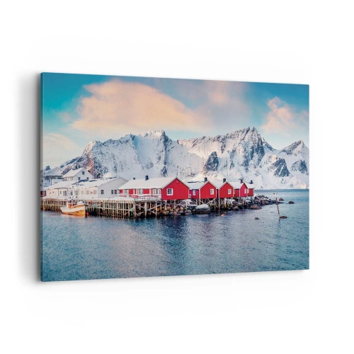 Obraz na płótnie - Czerwone domki na tle śnieżnych gór i błękitnego morza - 120x80cm - Północne ustronie - Nowoczesna dekoracja ścienna do salonu, kuchni i sypialni ARTTOR