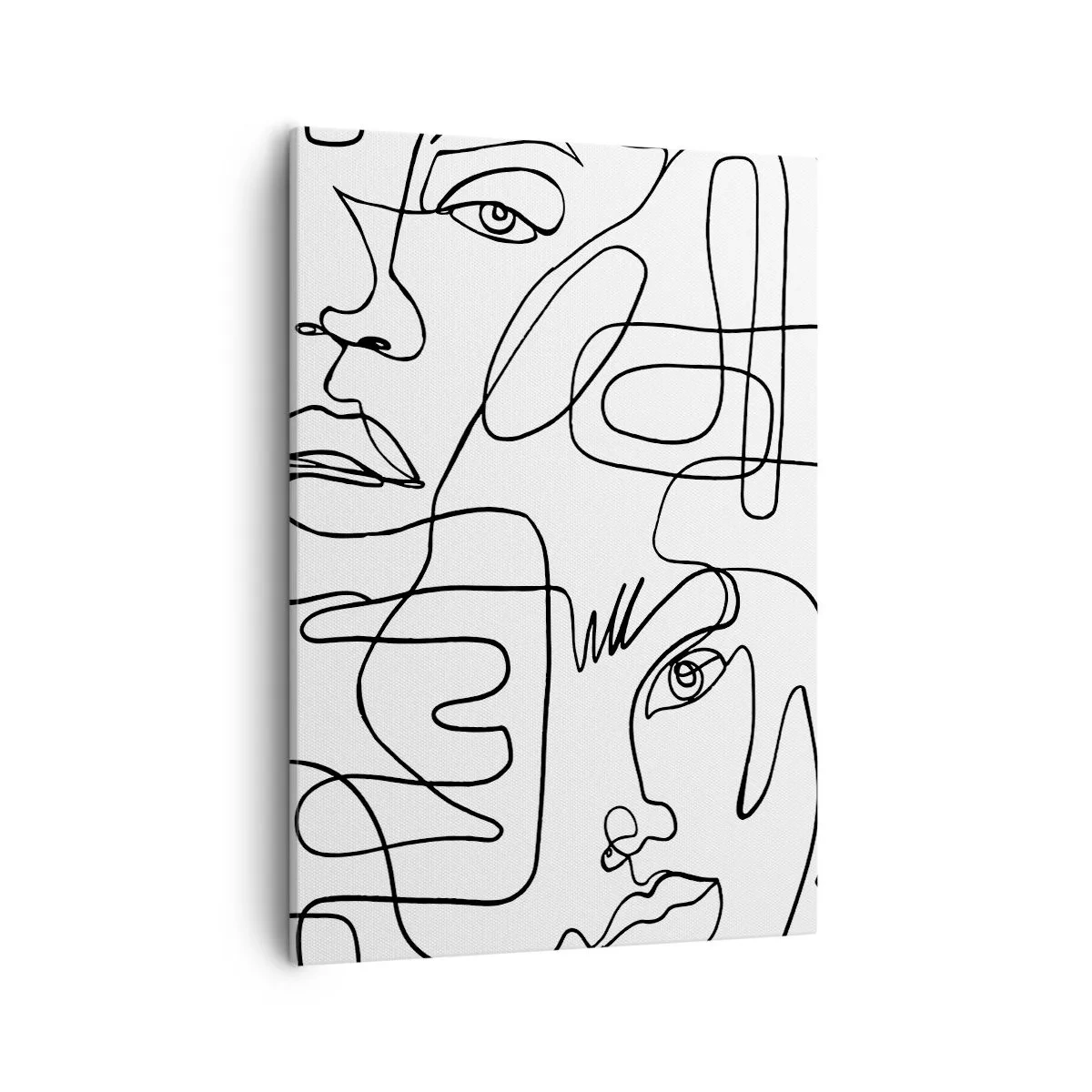 Obraz na płótnie - Czarno-biały linearny rysunek abstrakcyjnych twarzy - 50x70cm - W splątanych emocjach - Nowoczesna dekoracja ścienna do salonu, kuchni i sypialni ARTTOR