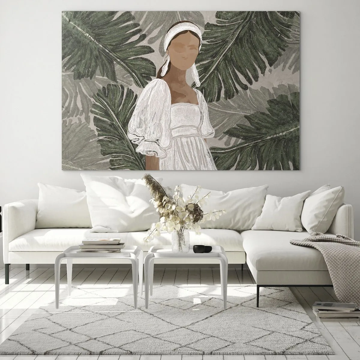 Obraz na szkle - Kobieta w białej sukni na tle zielonych liści tropikalnych - 100x70cm - Portret egzotyczny - Nowoczesna dekoracja ścienna do salonu, kuchni i sypialni ARTTOR