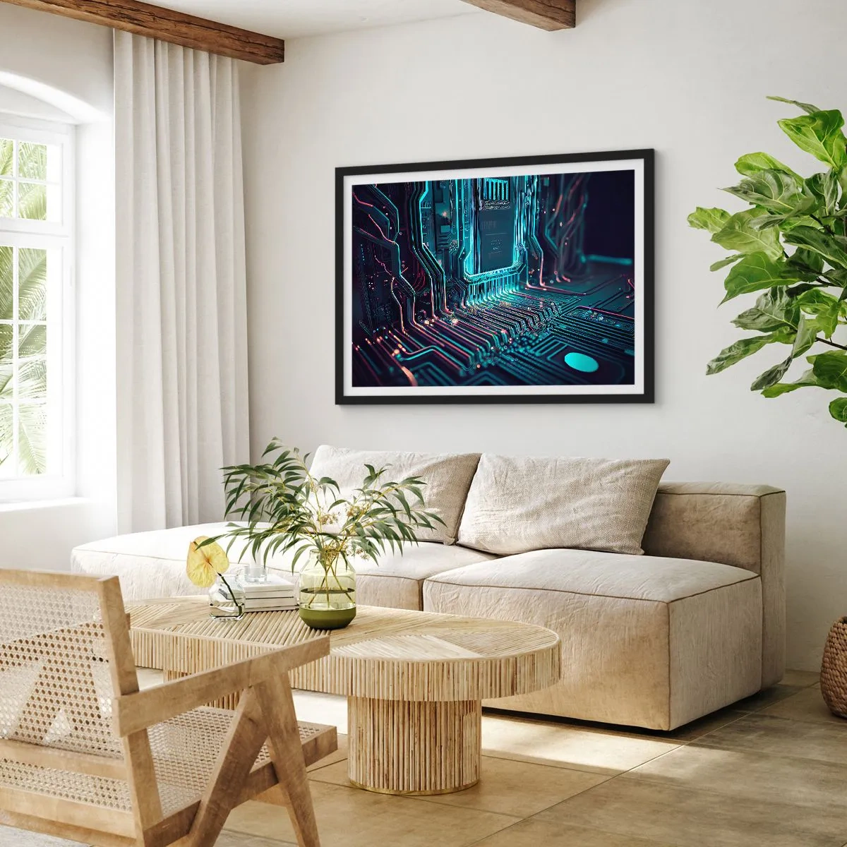 Plakat w czarnej ramie - Technologiczna płytka drukowana z podświetlonymi ścieżkami - 70x50cm - Tak sobie myślę… - Nowoczesna dekoracja ścienna do salonu i sypialni ARTTOR