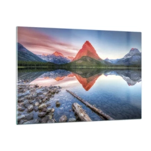 Obraz na szkle - Górski szczyt odbijający się w spokojnym jeziorze - 120x80cm - Żar i chłód - Nowoczesna dekoracja ścienna do salonu, kuchni i sypialni ARTTOR