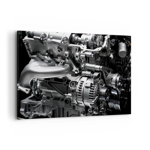 Obraz na płótnie - Metalowe części silnika w zbliżeniu na czarnym tle - 100x70cm - Stalowy, piękny, silny - Nowoczesna dekoracja ścienna do salonu, kuchni i sypialni ARTTOR