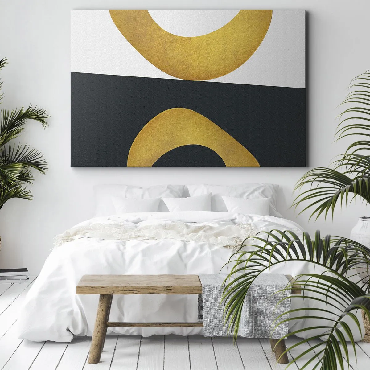 Obraz na płótnie - Geometryczne kształty w złocie na białym i ciemnym tle - 70x50cm - Po pierwsze: złoto - Nowoczesna dekoracja ścienna do salonu i sypialni ARTTOR