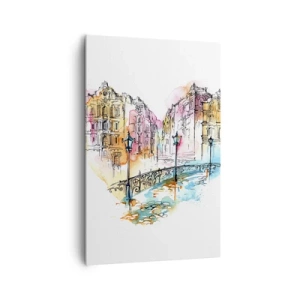 Obraz na płótnie - Akwarela mostu i kamienic w sercowym kształcie - 80x120cm - Serce miasta - Nowoczesna dekoracja ścienna do salonu i sypialni ARTTOR