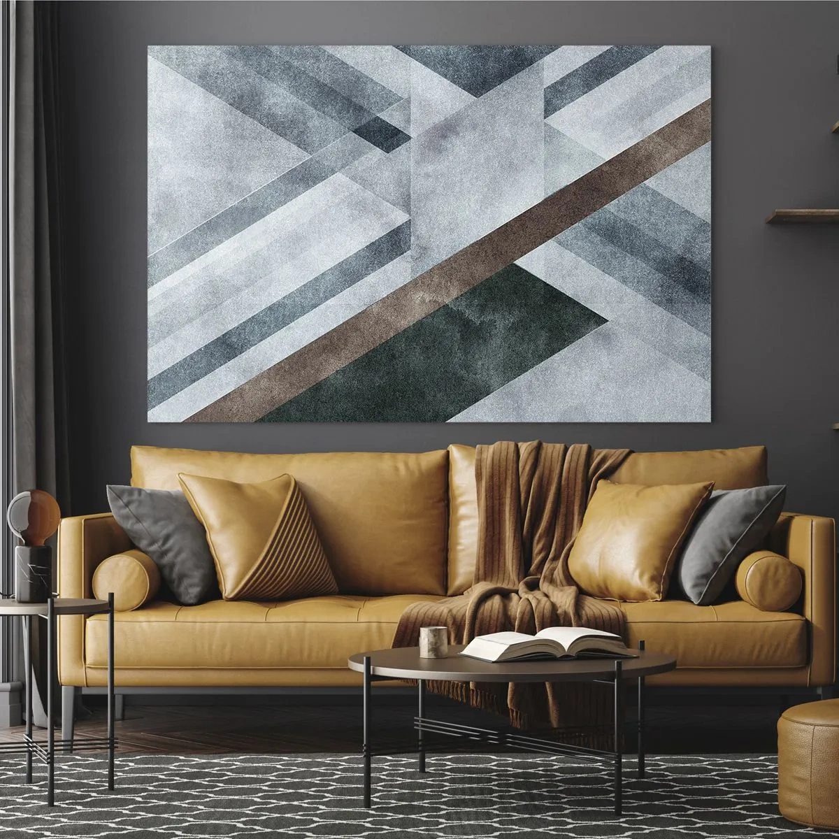 Obraz na szkle - Geometryczna abstrakcja w chłodnych tonach z akcentem ciemnej zieleni - 70x50cm - Wyszukana elegancja geometrii - Nowoczesna dekoracja ścienna do salonu i sypialni ARTTOR