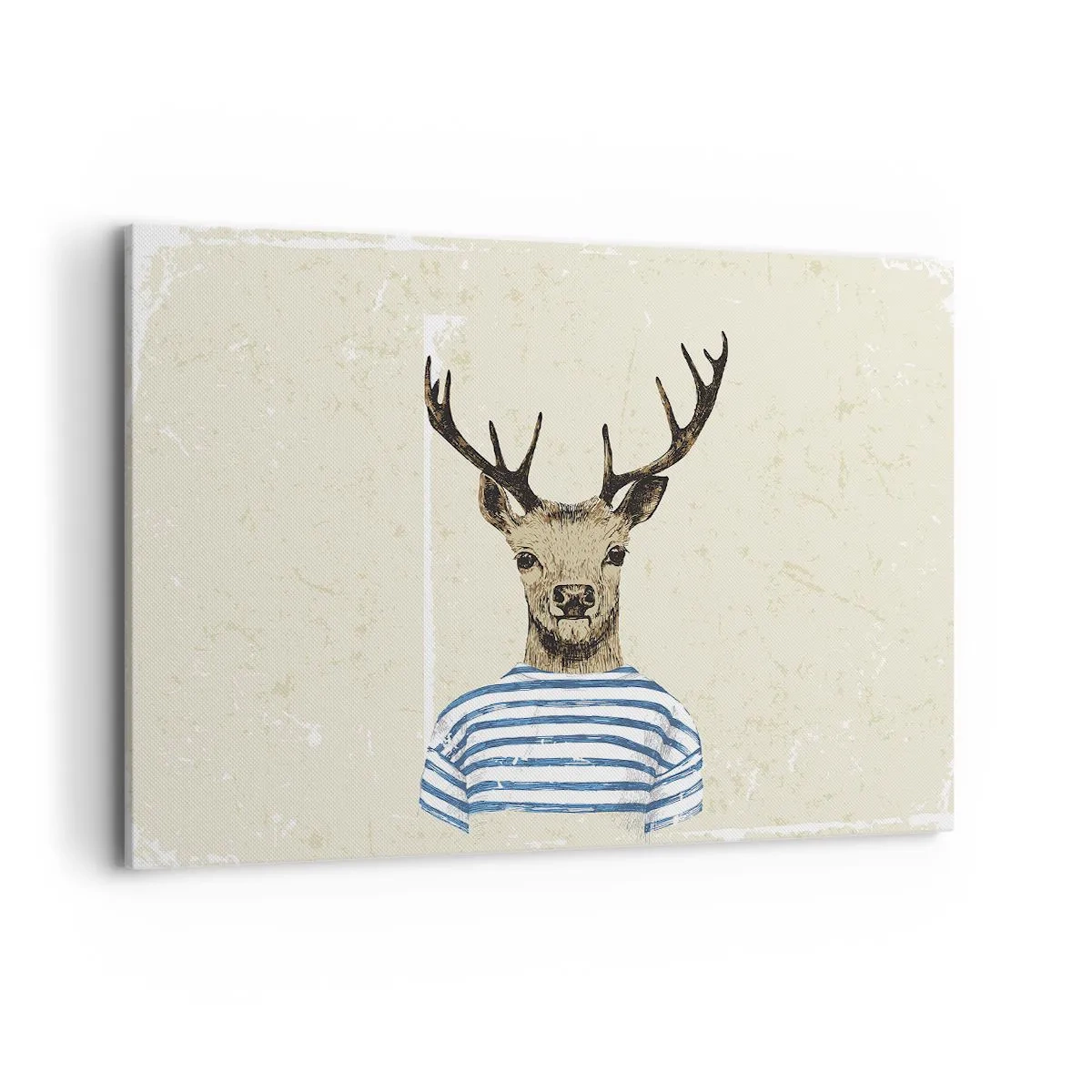 Obraz na płótnie - Jeleń w koszulce w paski na jasnym tle z delikatną teksturą - 120x80cm - Bo lubię koszulki w paski! - Nowoczesna dekoracja ścienna do salonu, kuchni i sypialni ARTTOR