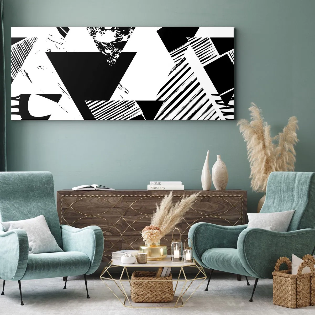 Obraz na płótnie - Geometryczne wzory w czarno-białej minimalistycznej formie - 140x50cm - Deszcz trójkątów - Nowoczesna dekoracja ścienna do salonu i sypialni ARTTOR