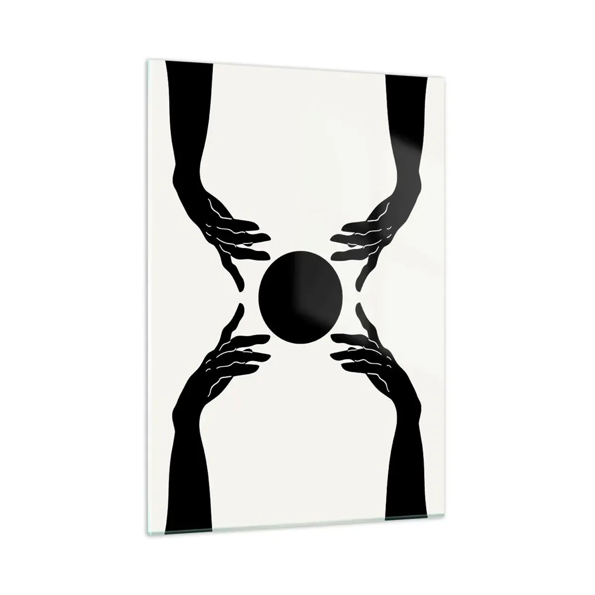 Obraz na szkle - Czarne dłonie wokół czarnego koła na jasnym tle - 50x70cm - Tajemny znak - Nowoczesna dekoracja ścienna do salonu, kuchni i sypialni ARTTOR
