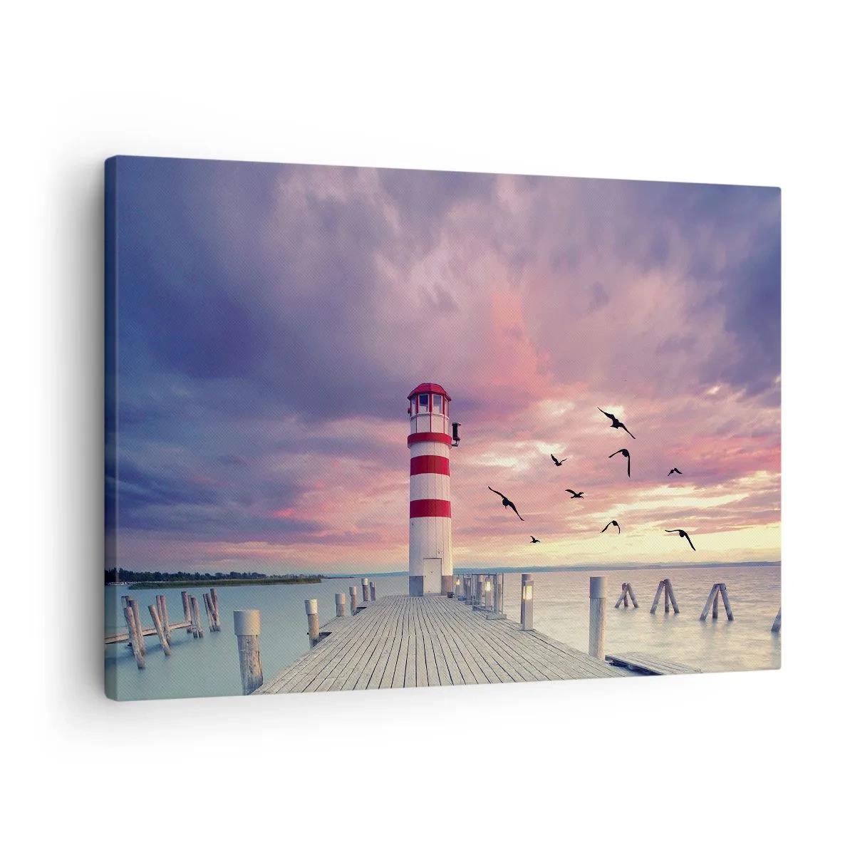 Obraz na płótnie - Latarnia morska na molo w otoczeniu malowniczego zachodu słońca - 70x50cm - Pora do portu - Nowoczesna dekoracja ścienna do salonu i sypialni ARTTOR
