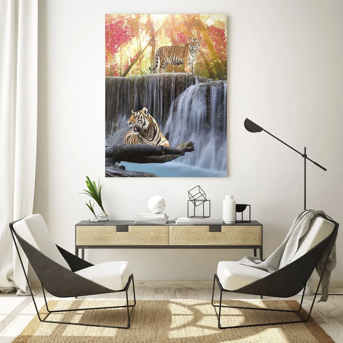Obraz na szkle - Tygrysy na tle wodospadu i jesiennej scenerii - 50x70cm - Pejzaż surrealistyczny - Nowoczesna dekoracja ścienna do salonu, kuchni i sypialni ARTTOR