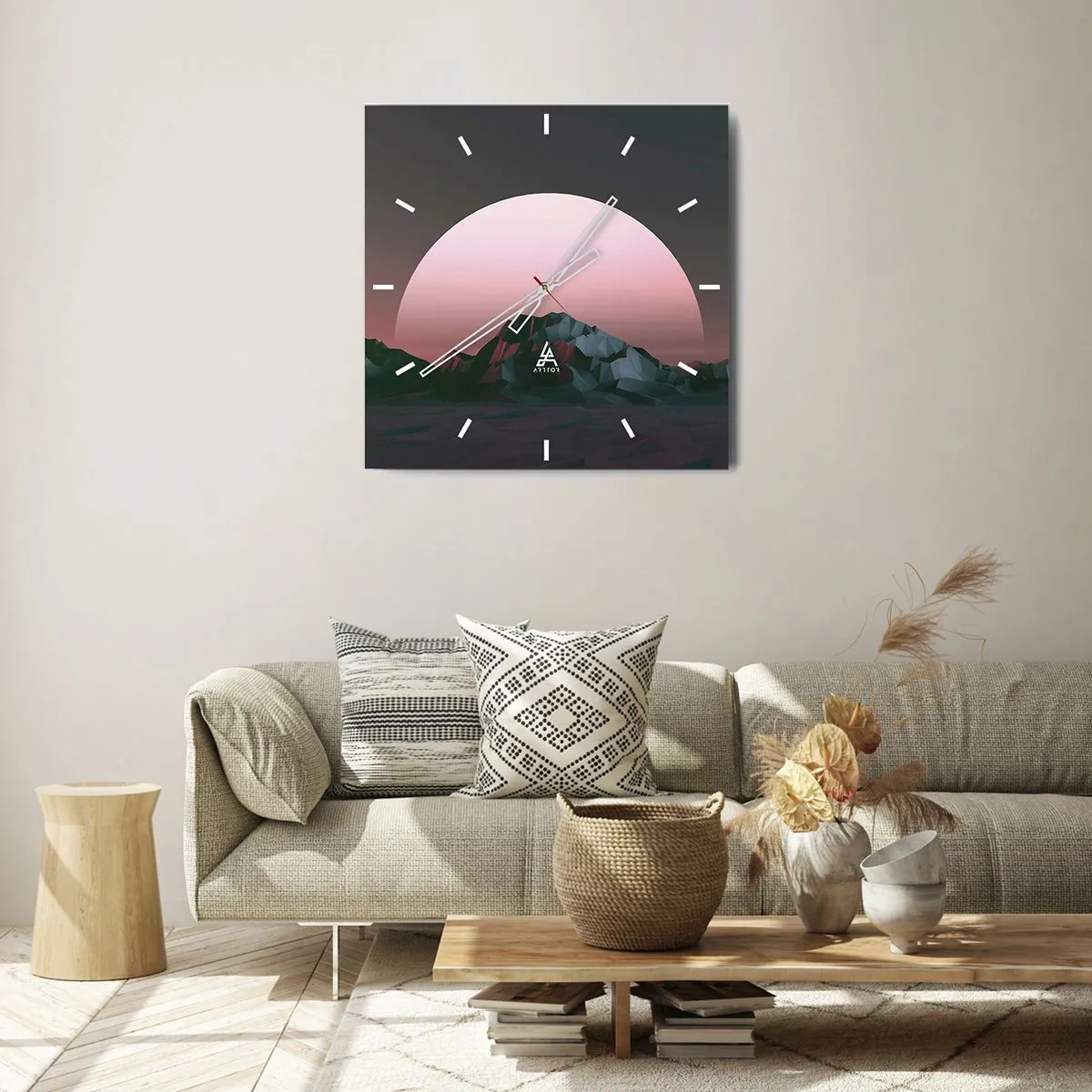 Zegar ścienny - Geometryczne góry z zachodzącym słońcem w tle - 30x30cm - W sąsiedniej galaktyce - Nowoczesna dekoracja ścienna do salonu i sypialni ARTTOR