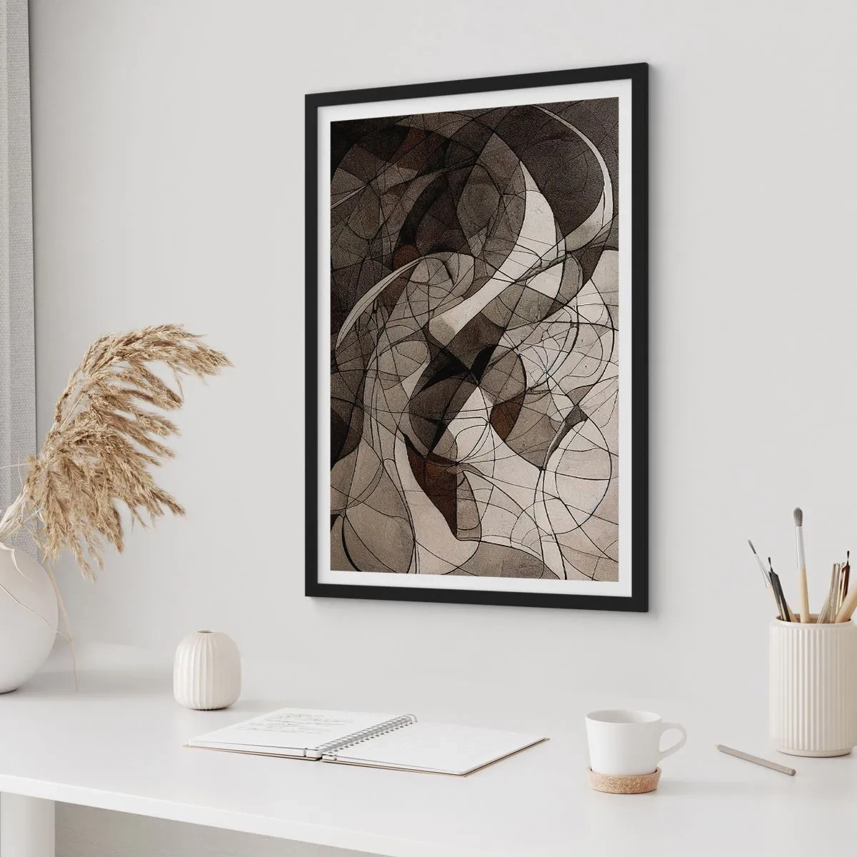 Plakat w czarnej ramie - Abstrakcyjna kompozycja geometrycznych linii i kształtów - 50x70cm - Cyrkulacja barw ziemi - Nowoczesna dekoracja ścienna do salonu i sypialni ARTTOR