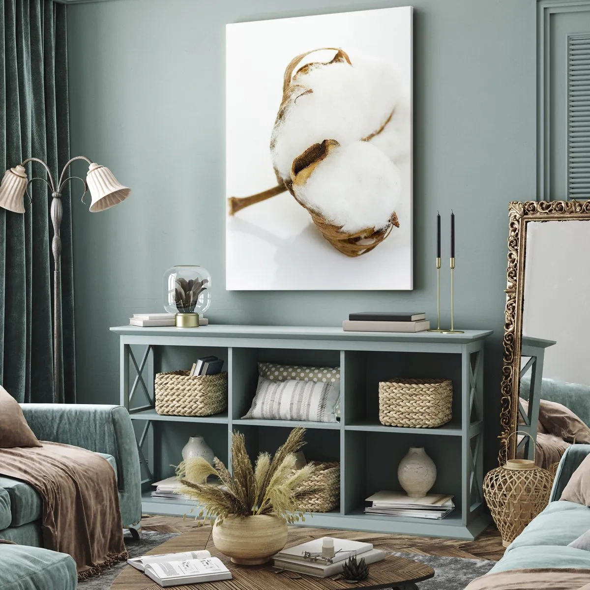 Obraz na płótnie - Gałązka bawełny na jasnym tle w minimalistycznym ujęciu - 80x120cm - Miękka z natury - Nowoczesna dekoracja ścienna do salonu i sypialni ARTTOR