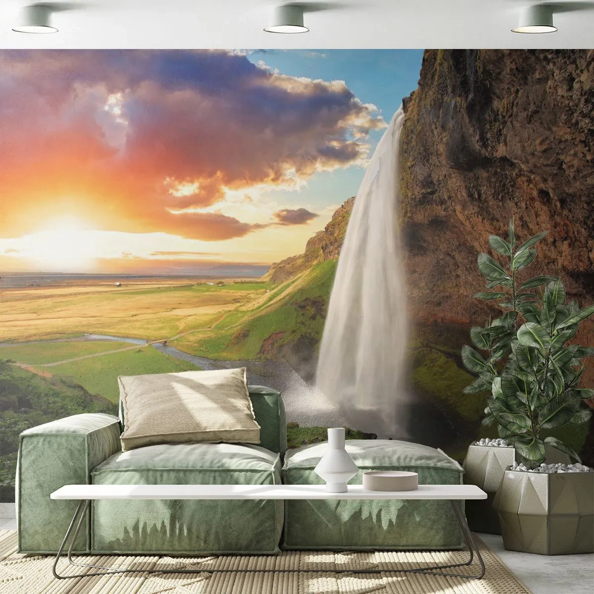 Fototapeta Premium Sand - Malowniczy wodospad spadający ze skały o zachodzie słońca - 100x70cm - Pełnia islandzkiego lata - Nowoczesna dekoracja ścienna do salonu, kuchni i sypialni ARTTOR