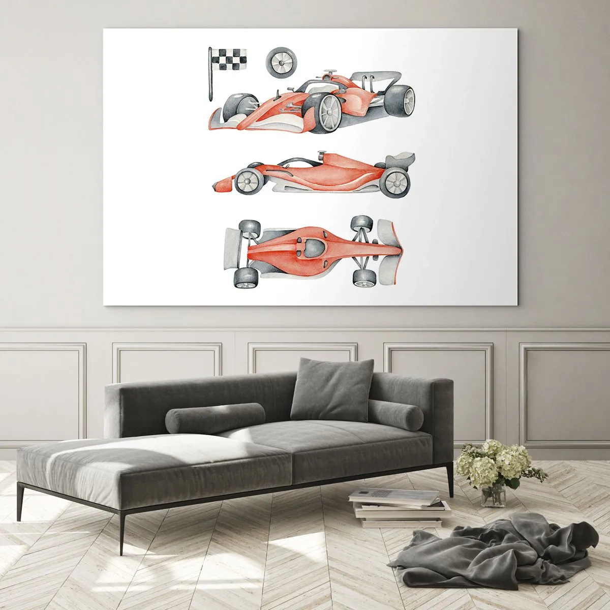 Obraz na szkle - Ilustracja czerwonego bolidu w trzech ujęciach z flagą wyścigową - 70x50cm - Doścignąć marzenie - Nowoczesna dekoracja ścienna do salonu i sypialni ARTTOR