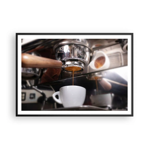 Plakat w czarnej ramie - Zbliżenie na ekspres do kawy przygotowujący świeże espresso - 100x70cm - Dobra chwila dnia - Nowoczesna dekoracja ścienna do salonu i sypialni ARTTOR