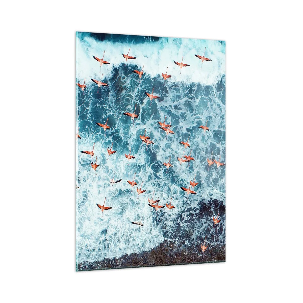Obraz na szkle - Różowe flamingi nad wzburzonymi falami oceanu - 50x70cm - Nadmorska parada - Nowoczesna dekoracja ścienna do salonu, kuchni i sypialni ARTTOR