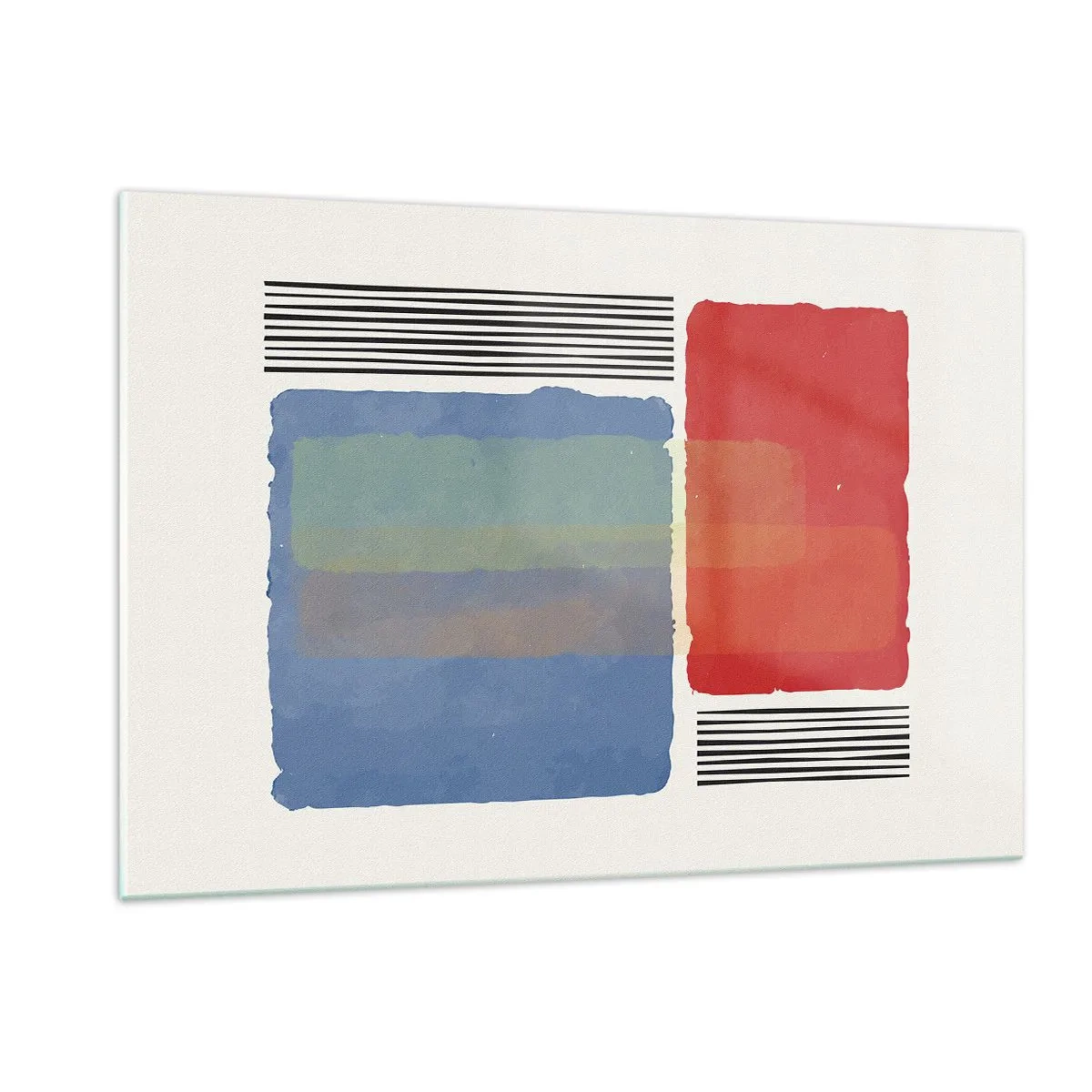 Obraz na szkle - Geometryczna kompozycja z prostokątami w czerwieni i błękicie - 120x80cm - Duch i litera geometrii - Nowoczesna dekoracja ścienna do salonu, kuchni i sypialni ARTTOR