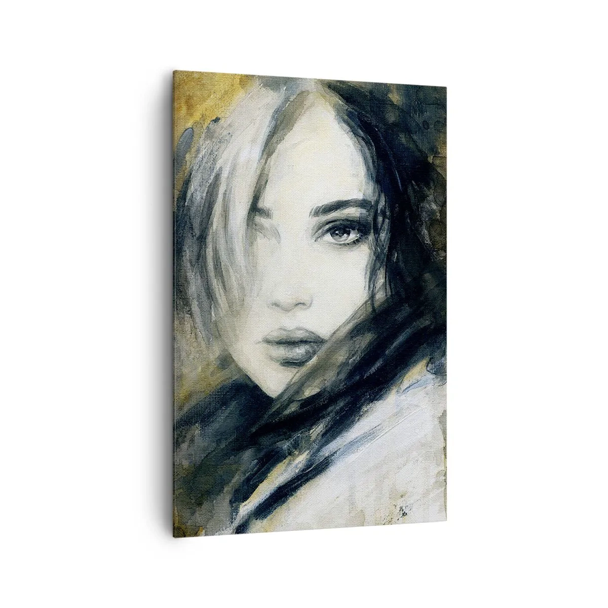 Obraz na płótnie - Portret kobiety na tle abstrakcyjnych plam w odcieniach beżu - 80x120cm - bardziej niewinna czy zmysłowa? - Nowoczesna dekoracja ścienna do salonu i sypialni ARTTOR