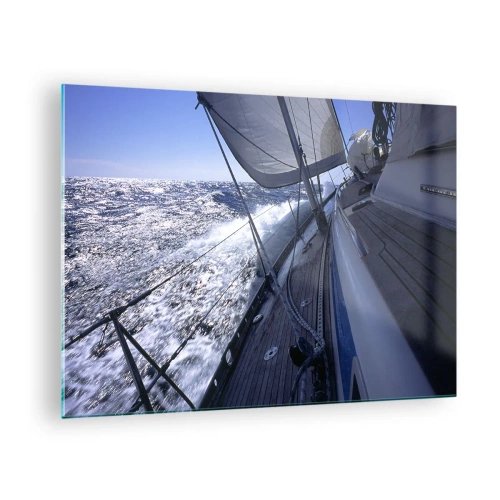 Obraz na szkle - Jacht żeglujący po wzburzonym morzu przy słonecznej pogodzie - 70x50cm - Wiem, co to być ptakiem - Nowoczesna dekoracja ścienna do salonu i sypialni ARTTOR