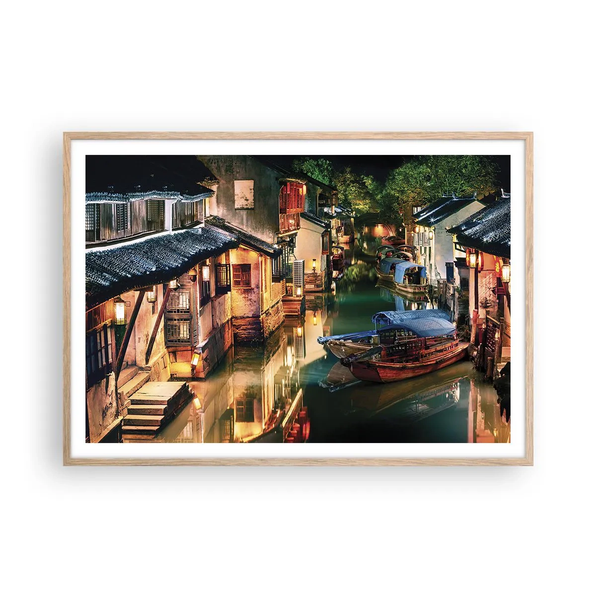 Plakat w ramie jasny dąb - Wieczór na chińskiej ulicy - 100x70 cm