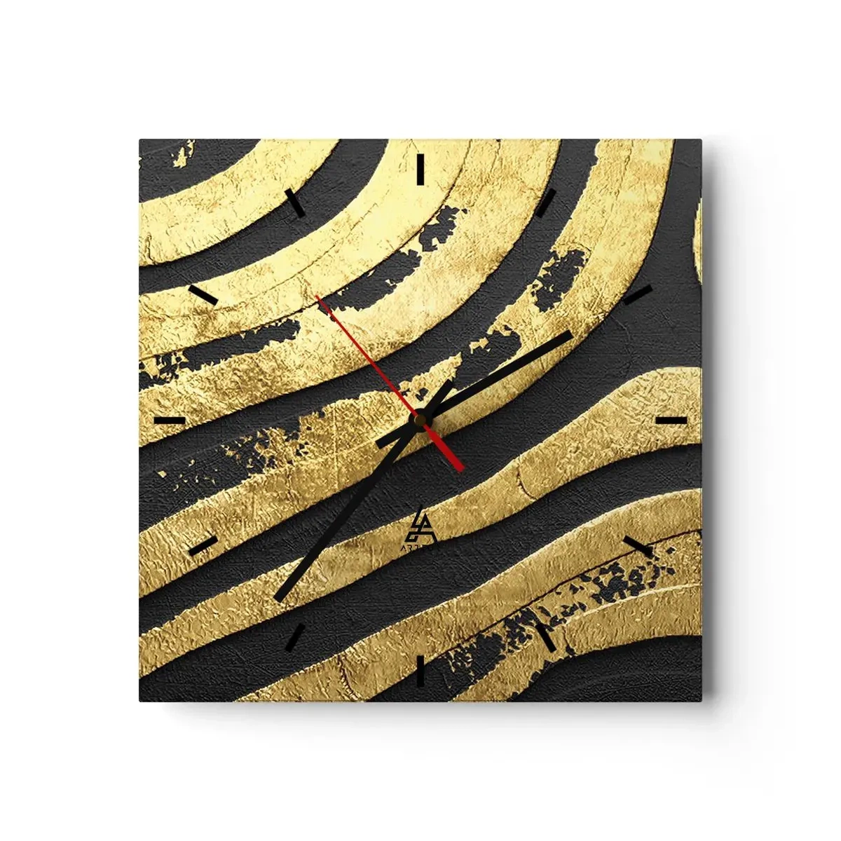 Zegar ścienny - Złote abstrakcyjne fale na czarnym tle - 30x30cm - Wszystko płynie - Nowoczesna dekoracja ścienna do salonu i sypialni ARTTOR