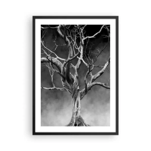 Plakat w czarnej ramie - Czarno-biały obraz drzewa na tle mgły - 50x70cm - Pierwotne i święte - Nowoczesna dekoracja ścienna do salonu i sypialni ARTTOR