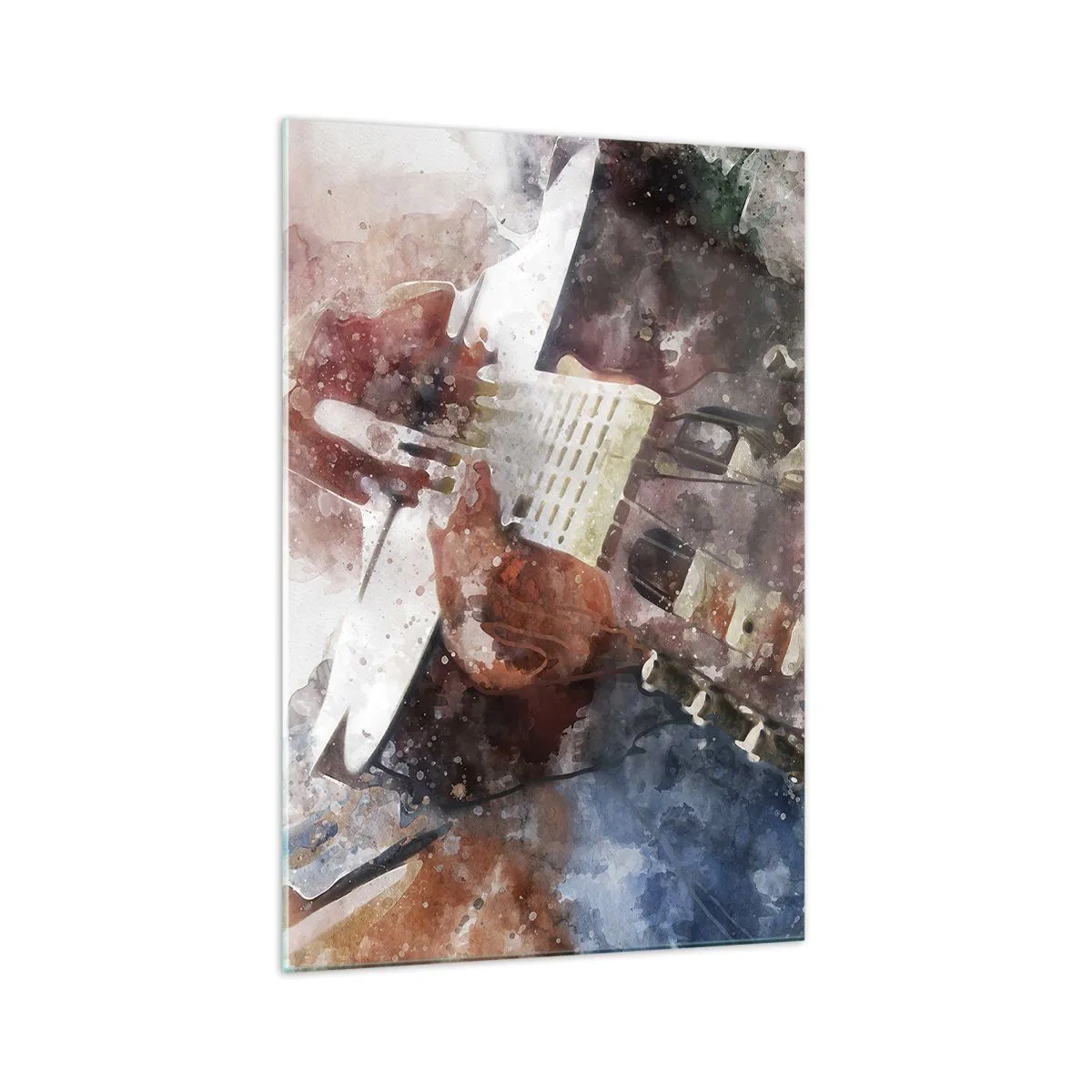Obraz na szkle - Artystyczne ujęcie gitary w akwarelowym stylu - 70x100cm - I co o tym myślisz? - Nowoczesna dekoracja ścienna do salonu i sypialni ARTTOR