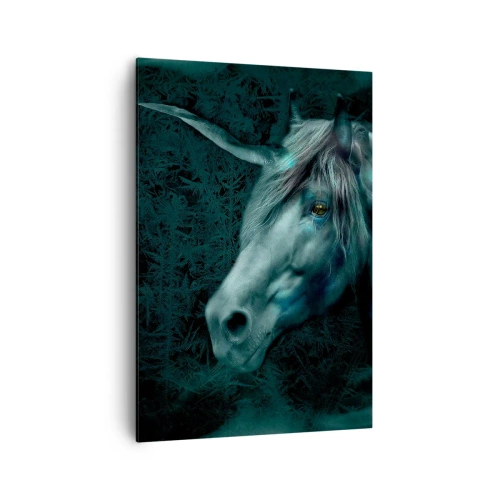 Obraz na płótnie - Magiczny jednorożec w tajemniczym, ciemnym lesie o fantazyjnych barwach. - 70x100cm - W baśniowym lesie - Nowoczesna dekoracja ścienna do salonu i sypialni ARTTOR